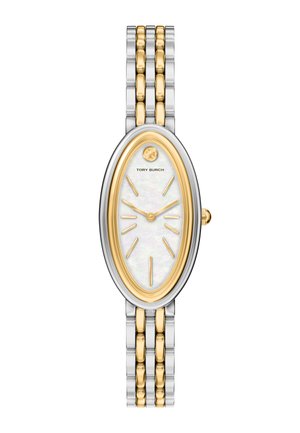 Ovalformet Tory Burch-armbåndsur med guld- og sølvfarvet metalrem, urskive af perlemor og timeangivelser samt visere i guldfarve.