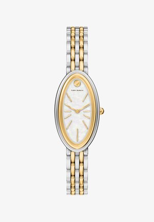 Oval-faced Tory Burch wristwatch with gold and silver metal band, mother-of-pearl dial, and gold-tone hour markers and hands.