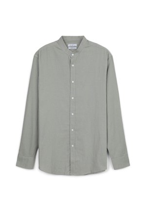 Camicia a maniche lunghe verde chiaro con colletto a banda, chiusura frontale a bottoni e tessuto liscio e testurizzato. Presenta una vestibilità rilassata.
