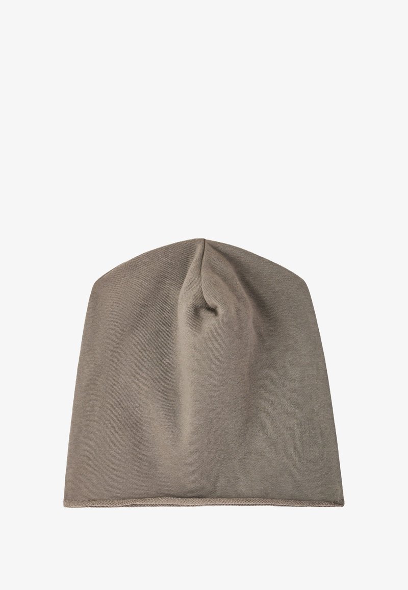 Ciepły wełniany beret w jasnobrązowym kolorze. Posiada gładką, miękką teksturę z zaokrąglonym wierzchem i lekko zawiniętym brzegiem. Brak widocznych wzorów lub elementów metalowych.