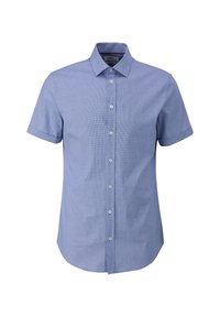Kortarmig, knoopshirt in lichtblauw met een geruit patroon. Heeft een klassieke kraag en een rechte zoom met lichte kromming aan de zijkanten.