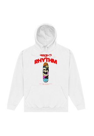 Biała bluza z kapturem z czerwonym napisem „Ride the Rhythm” nad kolorową grafiką deskorolki z czaszką i abstrakcyjnymi wzorami.