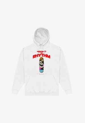 Witte hoodie met rode tekst "Ride the Rhythm" boven een kleurrijke skateboardgrafiek met een schedel en abstracte ontwerpen.