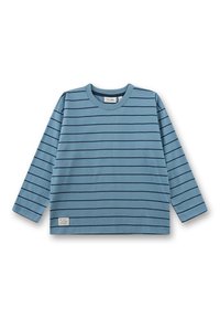 Blaues Langarmshirt mit marineblauen horizontalen Streifen, Rundhalsausschnitt und aus Baumwollstoff. Verfügt über ein kleines Etikett in der unteren linken Ecke.