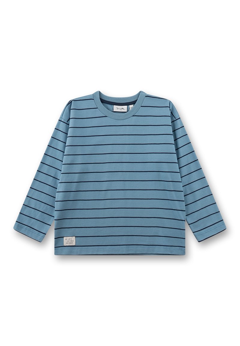 Blaues Langarmshirt mit marineblauen horizontalen Streifen, Rundhalsausschnitt und aus Baumwollstoff. Verfügt über ein kleines Etikett in der unteren linken Ecke.
