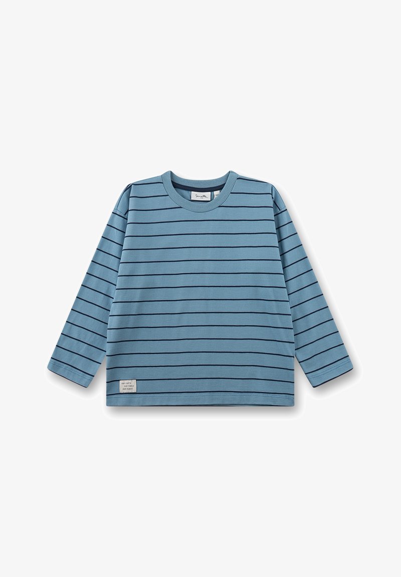 Blaues Langarmshirt mit marineblauen horizontalen Streifen, Rundhalsausschnitt und aus Baumwollstoff. Verfügt über ein kleines Etikett in der unteren linken Ecke.