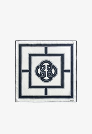 Witte vierkante sjaal met een marineblauwe geometrische rand en een in elkaar grijpende G-vormige knoop in het midden, GANT-logo in de hoek.