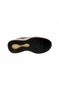 Suola in gomma nera con accenti beige, caratterizzata da un motivo di presa testurizzato e un punto di flessibilità centrale. Progettata per comfort e durata.