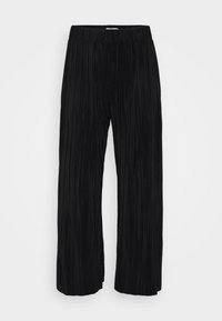 Black wide-leg pleated pants displayed against a white background, featuring an elastic waistband. Ideal for casual or semi-formal wear.