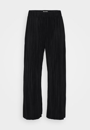 Black wide-leg pleated pants displayed against a white background, featuring an elastic waistband. Ideal for casual or semi-formal wear.