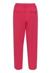 Roze elastische taillebroek met een rechte snit, voorzien van twee achterzakken en een gladde stofstructuur.