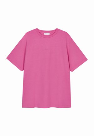 T-shirt rosa a maniche corte con scollatura rotonda, realizzata in morbido cotone. Presenta un discreto logo ricamato sul davanti.