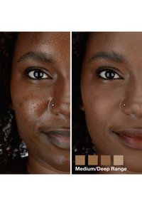 Due ritratti ravvicinati della faccia di una persona che mostrano diverse tonalità di pelle, con campioni di colore etichettati "Gamma Media/Scura" sotto.