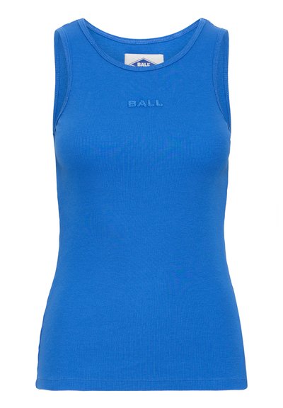 Blue ribbed tank top with a round neckline and no sleeves. Features stitched "BALL." logo in matching blue on the front. Smooth texture.