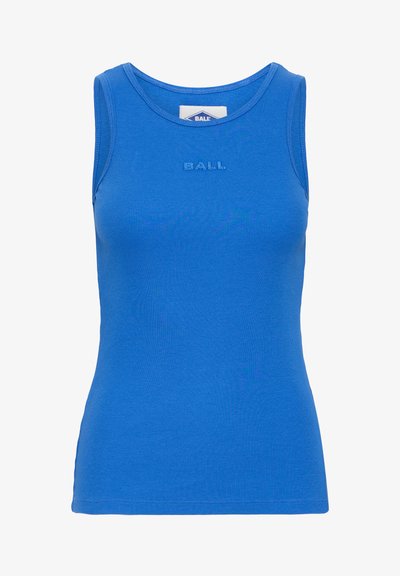 Blue ribbed tank top with a round neckline and no sleeves. Features stitched "BALL." logo in matching blue on the front. Smooth texture.