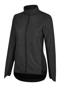 Black athletic jacket with a high collar, front zipper, and textured mesh side panels. Features a fitted shape and curved hem.