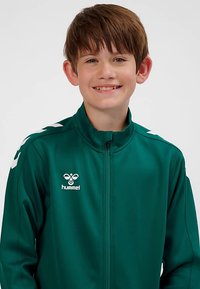 Grüne Sportjacke aus glattem Stoff, mit hohem Kragen, durchgehendem Reißverschluss sowie weißem Logo und Akzenten auf den Schultern.