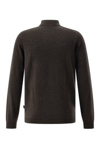 Dunkelbrauner langärmliger Pullover mit geripptem Kragen, Bündchen und Saum, von hinten auf einem weißen Hintergrund gezeigt.