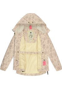 Lightweight, patterned rain jacket in soft beige with floral design. Features a hood, zip closure, and a yellow interior with multiple pockets.