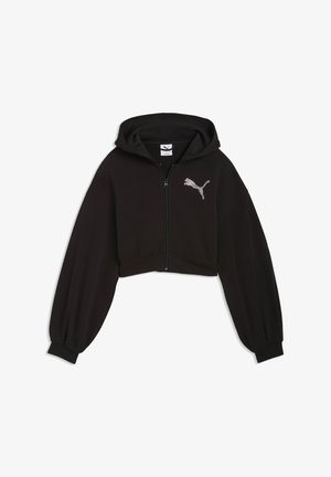 Sort crop-top hættejakke med lynlås, lange ballonærmer og hvid Puma-logo på venstre bryst, vist fladt på hvid baggrund.