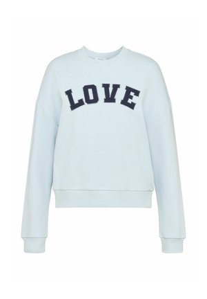 Lyseblå langærmet sweatshirt med ribstrikkede ærmeender og kant, med store sorte bogstaver, der staver "LOVE" hen over brystet.