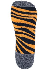 Schwarz und orange gestreifte Socke mit einem wirbelnden Muster, ausgestattet mit einem grauen, strukturierten Bündchen und einer einfarbigen grauen Spitzen für zusätzliche Haltbarkeit.