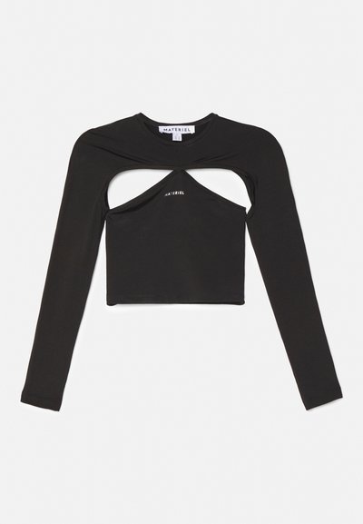 Black long-sleeve top featuring a cropped design with cut-out details at the midsection and a crew neckline. Made from stretchy material.