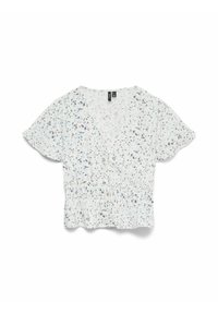 Blusa con motivo floreale, maniche a farfalla corte, scollo a v, vita elasticizzata arricciata e leggera stoffa bianca con accenti blu e viola.