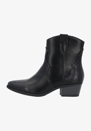 Black leather ankle boot with pointed toe and low stacked heel, featuring decorative stitching and pull tab on the shaft.