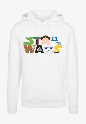 Fehér kapucnis pulóver, amely színes, blokkbetűs felirattal rendelkezik, amelyen a "STAR WARS" felirat található, és ikonikus karakterelemek, valamint szimbólumok vannak integrálva a szövegbe.