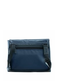 Kuriertasche in Marineblau, aus strapazierfähigem Material, mit einer Vordertasche mit Reißverschluss, verstellbarem Tragegurt und einer glatten, matten Textur.