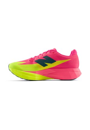 Bright pink and yellow athletic running shoe with black "N" logo on side, low-cut design, and thick cushioned sole, shown from outer side.