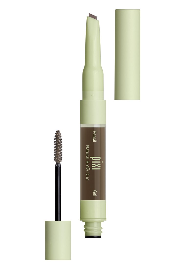 Pixi Natural Brow Duo dans un emballage vert clair. Comprend un crayon double extrémité avec une pointe biseautée et un applicateur en gel avec une brosse en spirale.
