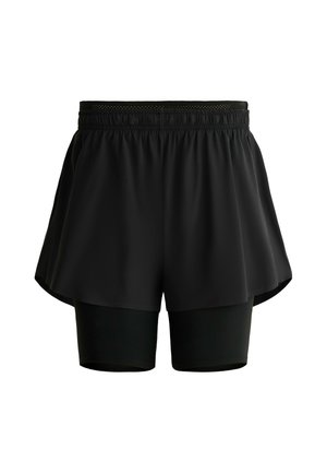 Shorts de sport noirs avec une couche extérieure ample et une couche intérieure de compression serrée, dotés d'une ceinture élastique.