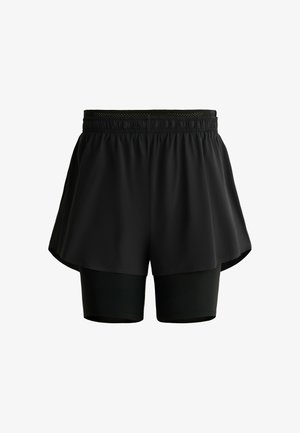 Shorts de sport noirs avec une couche extérieure ample et une couche intérieure de compression serrée, dotés d'une ceinture élastique.
