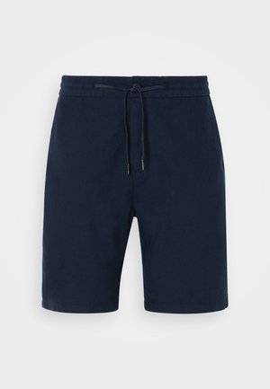 Pantaloni corti blu navy realizzati in tessuto morbido, con vita elasticizzata e coulisse, tasche laterali e gamba dritta.