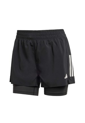 Pantalones cortos deportivos negros con cintura elástica, capa interna y tres rayas blancas en el lado derecho. Tejido suave y ligero.