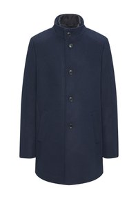 Marineblauwe wollen jas met een hoge kraag, sluiting met knopen aan de voorkant en twee zijzakken. Gladde textuur met een gestroomlijnd silhouet.