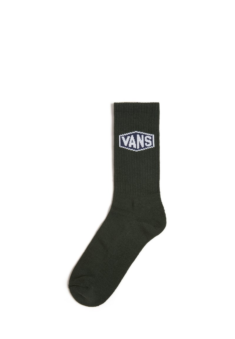 Olive green cotton crew sock with ribbed texture and white "VANS" logo patch on the front. Standard length with reinforced toe.