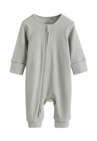 Lysegrå, ribbet babyheldragt med lange ærmer, rund halsudskæring og lynlås foran. Manchetter og ankler er ensfarvede grå.