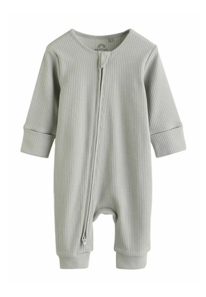 Hellgrauer, gerippter Baby-Overall mit langen Ärmeln, rundem Ausschnitt und Reißverschluss vorne. Die Bündchen an Ärmeln und Knöcheln sind in einfarbigem Grau gehalten.