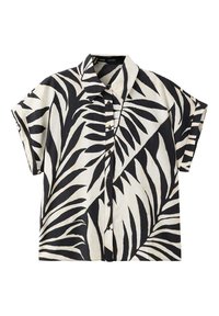 Chemise à manches courtes boutonnée avec motif de feuilles tropicales noir et blanc et col classique.