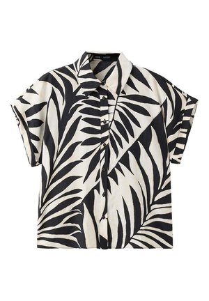 Short-sleeve button-up shirt with black and white tropical leaf pattern and a classic collar.