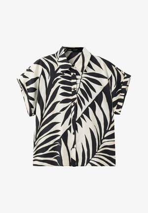 Short-sleeve button-up shirt with black and white tropical leaf pattern and a classic collar.