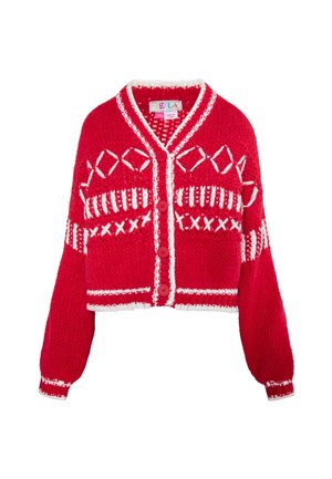 Rød strikket cardigan med et cropped design, hvide dekorative mønstre og fem røde knapper foran. Har V-udskæring og lange ærmer.