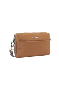 Borsa a tracolla in nylon marrone con hardware silver, chiusura con zip, tasca frontale e tracolla regolabile. Logo visibile sul davanti.