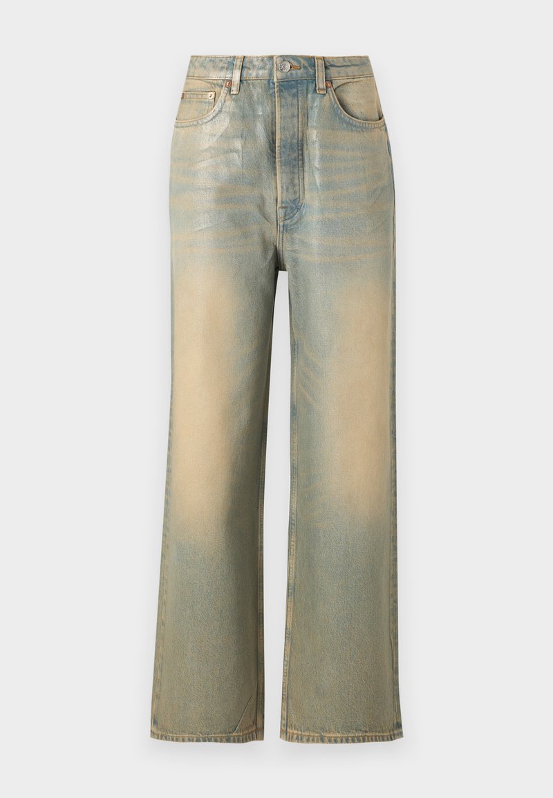 Weit geschnittene Denim-Jeans in einem ausgebleichten Blau und Creme, mit einem klassischen Fünf-Taschen-Design und minimalistischen Nähdetails.