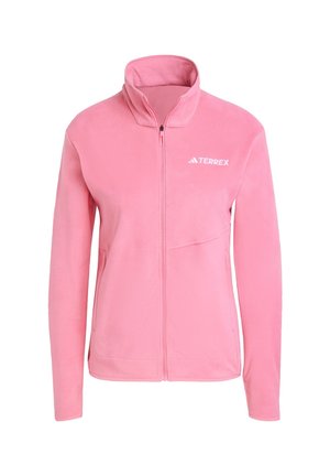 Roze fleecejack met hoge kraag, volledige rits, zijzak en wit "TERREX" logo op de borst. Zachte textuur, gestroomlijnd ontwerp.