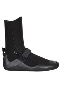 Neoprene dive boot, black with a smooth finish. Features a mid-length design, flat sole, and a Velcro strap for secure fit. Textured toe area.