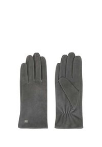 Pelēki zamšādas cimdi ar gludu tekstūru. Klasisks piecu pirkstu dizains, kas iezīmējas ar ērtu, sakārtotu plaukstas daļu. Minimālistisks logo akcentēts uz aproces.